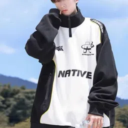 KPOP Men Typography Printed Mock Collar Oversized Sweatshirt-image-50