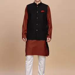 Anouk Mandarin Collar Straight Kurta With Pyjama & Nehru Jacket-2