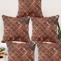 Blue Grass Maroon & Gold-Toned Set of 5 Ethnic Motifs Velvet Square Cushion Covers-image-55