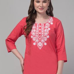 FAMBEE Floral Embroidered Thread Work Pure Cotton Thread Work Kurti-image-18