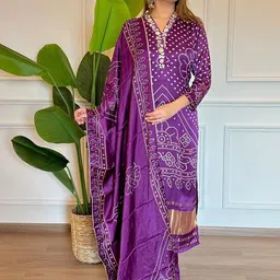 KALINI Women Bandhani Embroidered Regular Thread Work Kurta with Trousers & With Dupatta-10
