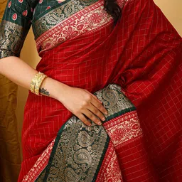 Anouk Rustic Checked Zari Silk Cotton Taant Saree image 5