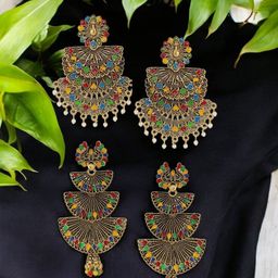 ANIKAS CREATION Set Of 2 Gold-Plated Artificial Beaded Floral Shaped Drop Earrings-8