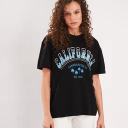 Mast & Harbour Women Typography Printed Round Neck Cotton Oversized T-shirt-picture-47