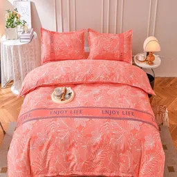 JC HOME Orange-Coloured & White 4 pieces Floral Double Queen Regular Bedding Set-image-17