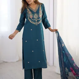 Wedani Ethnic Motifs Embroidered Thread Work V-Neck Straight Kurta With Pyjamas & Dupatta-picture-13