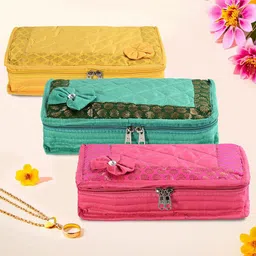 Kuber Industries Yellow & Green 3 Pieces Self Design Jewellery Organisers-11