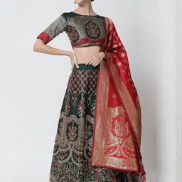 Mr Y Printed Women Green Banarsi Silk Semi Stitched Lehenga Blouse With Dupatta-image-7