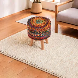 Kuber Industries Red & Brown 2 Pieces Ottoman Stool With Doormat image 3