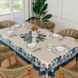 Myntra Elegant Homes Blue & Beige Floral Embroidered 6-Seater Cotton Dinning Table Cover-46