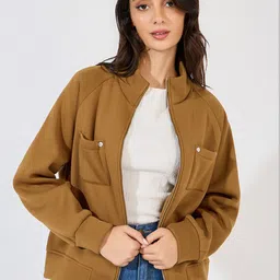 Styli Women Mock Collar Solid Wool Casual Open Front Jacket-picture-3