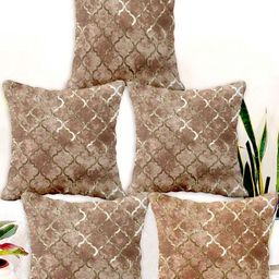 Blue Grass Brown & Gold-Toned 5 Pieces Geometric Printed Velvet Square Cushion Covers-image-55