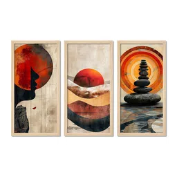 ArtVibes Beige & Grey 3 Pieces Abstract Wooden Painting Wall Arts-6