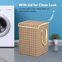 Aura White & Brown Checked Foldable Laundry Bag With Lid 75 L image 4