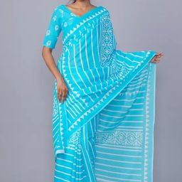 TROPWEAR Striped Pure Cotton Block Print Saree-53