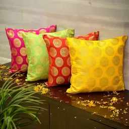 RoyalDeco Red & Beige 4 Pieces Ethnic Motifs Brocade Square Cushion Covers-image-34
