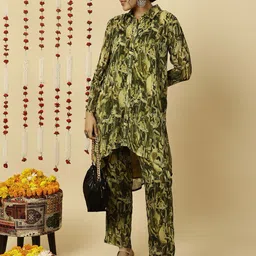 Jaipur Kurti Abstract Printed Shirt Collar Neck Long Sleeves Top With Trouser-0