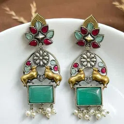 NAMAN ARTS Silver-Plated Artificial Stones Studded And Beaded Contemporary Drop Earrings-46