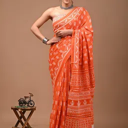Crafts Moda Floral Printed Pure Cotton Block Print Saree-image-24