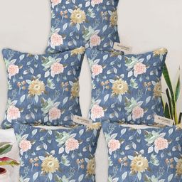 Blue Grass Blue & Pink 5 Pieces Floral Printed Velvet Square Cushion Covers-image-54