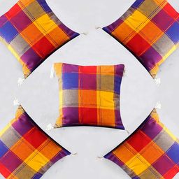 Blue Grass Red & Yellow 5 Pieces Checked Cotton Square Cushion Covers-image-49