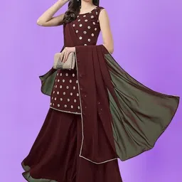 PARROT CREATION Geometric Embroidered Georgette Straight Kurti With Sharara & Dupatta-image-50