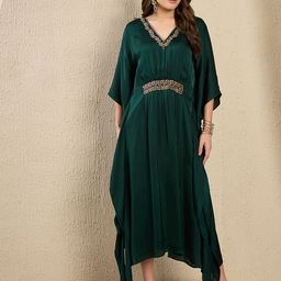 First Resort by Ramola Bachchan Women V-Neck Embroidered Satin Kaftan Maxi Dress-image-64