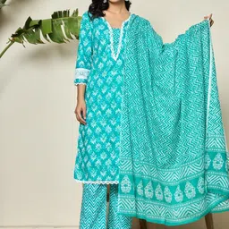 SHRIZA Women Ethnic Motifs Printed Regular Pure Cotton Kurta with Trousers & Dupatta-51