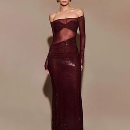 Bee Boe Diamante Drape Bardot Mahogany Gown-image-53