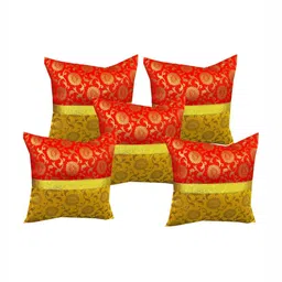 Pink Parrot Red & Yellow 5 Pieces Printed Zari Jacquard Silk Square Cushion Covers-image-87