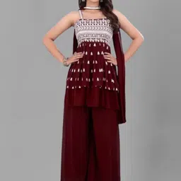 PARROT CREATION Floral Embroidered Sequinned Square Neck Kurti with Sharara & Dupatta-image-76