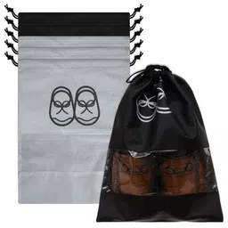 Kuber Industries Black & Grey Pack of 6 Printed Non-Woven Shoe Cover With Drawstring-51