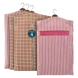 Aura Brown & Maroon 4 Pieces Checked Mesh Cotton Hanging Saree Cover Cotton Organisers-30