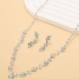 Peora Silver Plated Crystal Studded Necklace With Drop Earrings-picture-1