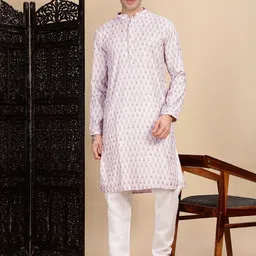 House of Pataudi Men Embroidered Chikankari Cotton Straight Kurta-image-39