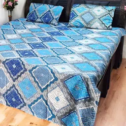 V.R.ENTERPRISES Blue & Navy Blue Geometric 210 TC Queen Bedsheet with 2 Pillow Covers-image-74