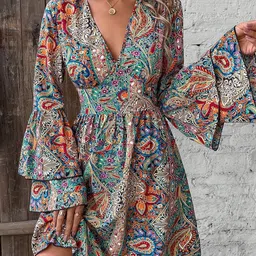 all about you Floral Print Flared Sleeve Fit & Flare Dress-image-10