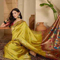 Sangria Ethnic Motifs Zari Silk Blend Heavy Work Paithani Saree-picture-37