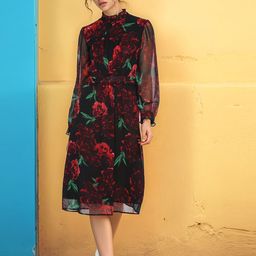 RARE Women Floral Print High Neck Ruffles Fit and Flare Dress-image-96