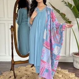 KALINI V-Neck Thread Work Pleated A-Line Kurta With Trousers & Dupatta-image-59