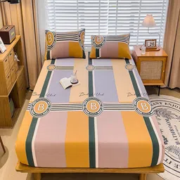 JC HOME Mustard & Purple Geometric 220 TC King Bedsheet with 2 Pillow Covers-image-98