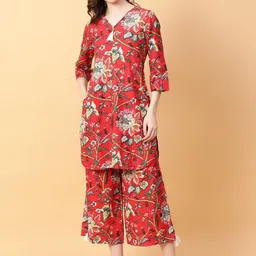 HERE&NOW Printed V-Neck Pure Cotton Top With Palazzos Co-Ords-image-98