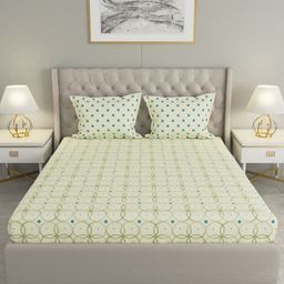 Raymond Home Off White & Green Geometric 120 TC Queen Bedsheet with 2 Pillow Covers-image-53