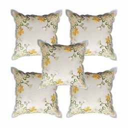 MONKDECOR Yellow & Green Set of 5 Floral Embroidered Square Cushion Covers-7