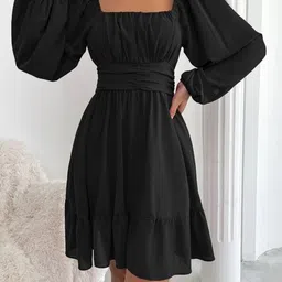 X FASHION GALLRY Women Belted Tiered Square Neck Puff Sleeve Crepe Fit & Flare Dress-picture-5
