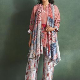 Kaftanize Floral Printed Mandarin Collar Tunic & Trousers With Shrug-32