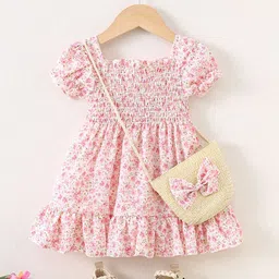 YK Girls Floral Printed Square Neck Puff Sleeve Smocked Cotton Fit & Flare Dress-picture-17
