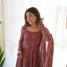 Printed, Floral Print, Solid, Self Design Georgette Stitched Anarkali Gown-image-5