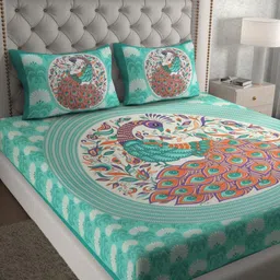 Aura Turquoise Blue Ethnic Motifs Pure Cotton 120 TC Queen Bedsheet Set2.35 x 2.15 Mts-image-64