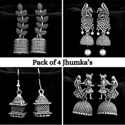ANNORA INTERNATIONAL Combo Of 4 Silver Plated Oxidised Jhumkas-picture-2